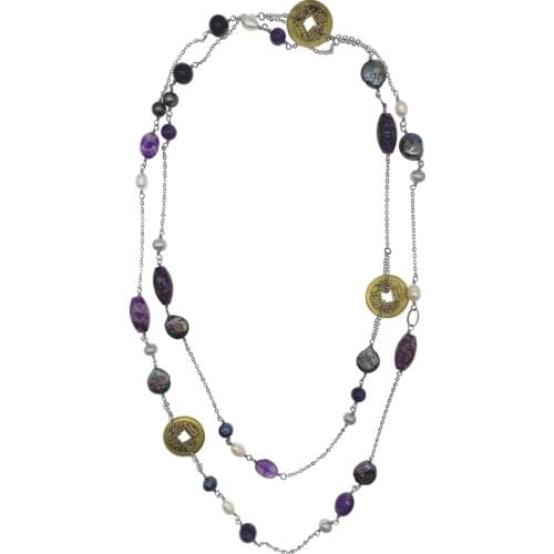 Purple Jasper Amethyst Old Chinese Coins Long Necklace With Freshwater Rice Pearls Coin Pearls For Women Girls Gift 50 Inch