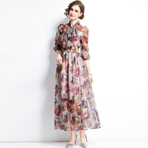 Runway Fashion Summer Chiffon Dress 2021 Designer Bow Collar Flower Print Maxi Long Party Holiday Elegant Dress k6657