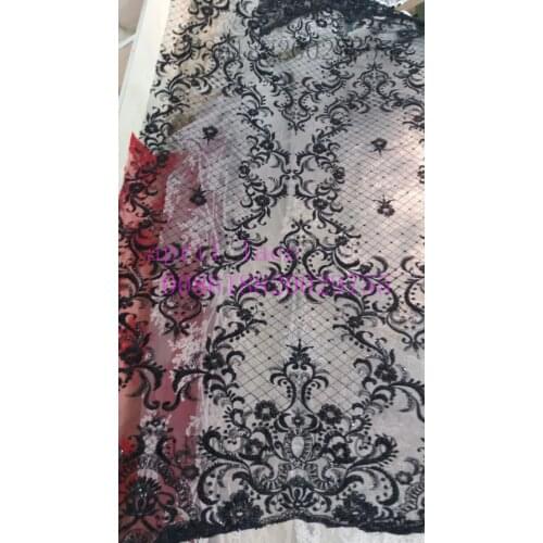 MX449 stock black sequin beads french net tulle mesh lace for evening dress/sawing/wedding,fast ship all over world