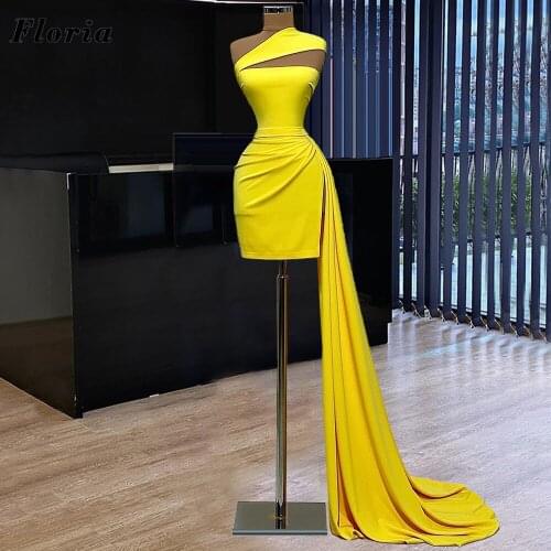 New Arrival Yellow Short Party Dress Formal Dubai Pleats Prom Dresses Robe De Soiree Evening Gowns 2021 Customized Evening Wear