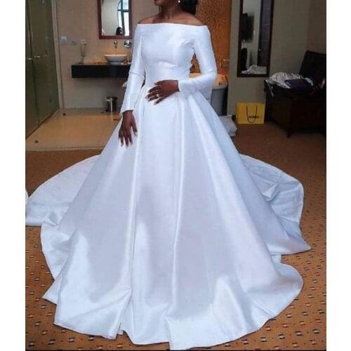 A Line African Wedding Dresses Off The Shoulder Satin Sweep Train Long Sleeve Elegant Bohemian Wedding Dress Custom Made Bridal