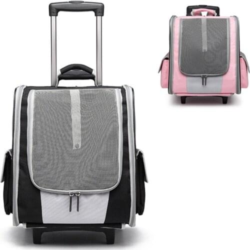 Pet trolley backpack cat trolley case fully ventilated mesh dog backpack portable outdoor detachable wheeled breathable backpack