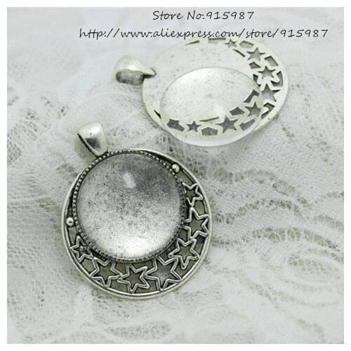 Sweet Bell 6set/sets Antique Silver Alloy star 36*45mm(Fit25mm dia) Round Cabochon Pendant Settings+Clear Glass Cabochon 6B970