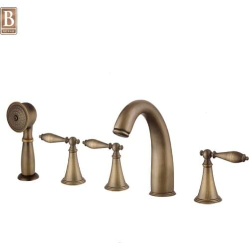 Lavatory Hardware 5 Hole 3 Handle Antique Mixer Tap Bathroom Brass Basin Faucet with Hand Shower