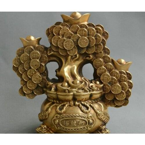 Collect Chinese old bronze carve money tree treasure bowl yuanbao wealth statue
