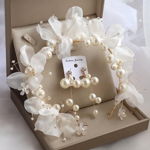 Wedding Bride Headdress Hair Bands Immortal Beaded Flower Girls Ornament Pearl earring Hair Accessories set
