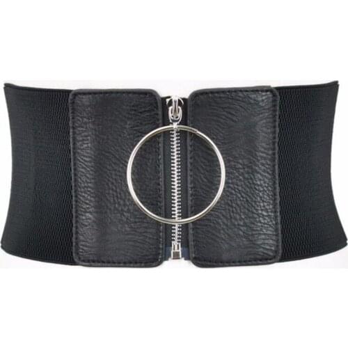 Women Ultra Wide Belt For Dresses Ladies Elastic PU Leather Belts Female Big Metal Circle Ring Black Cummerbund Waist Strap