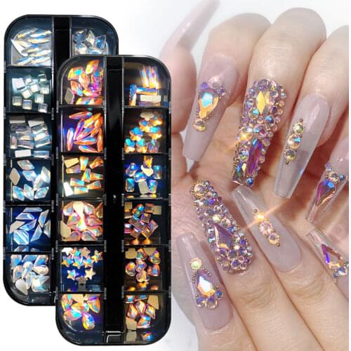 12Grids Irregular Nail Art Rhinestones AB Multiple Styles Nails Ornament Charm Flatback Fluorescence Manicure Diamond Decoration