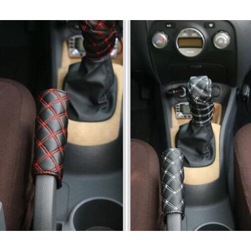 2 Pieces 2 In 1 Wine Red Leather Durable Car Auto Hand Brake Gear Shift Knob Interior Protect Cover Sleeve