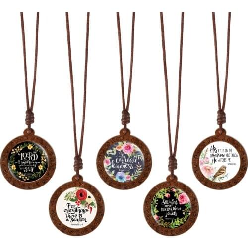 Bible Verse Jewelry Glass Cabochon Necklace Round Wood Pendant Design Wax Rope Chain Necklace Best Gift