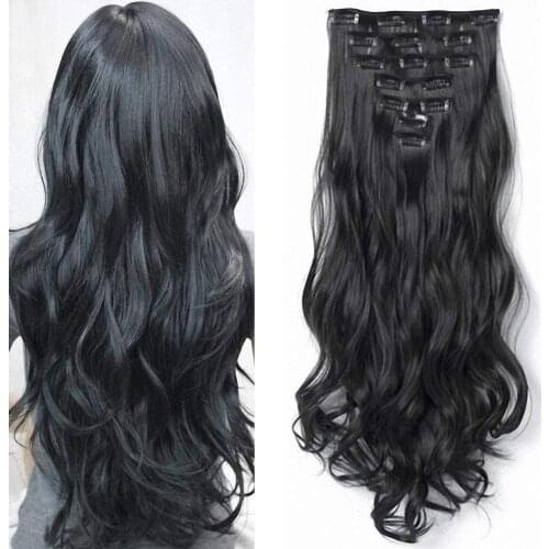 Long Curly Women 16 Clip in Hair Extensions Black Brown High Tempreture Synthetic Hair Piece 22 Inches