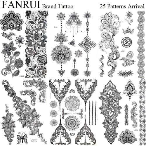 Pandents Jewel Black Temporary Tattoo Henna Mandala Flower Arm Hand Tattoo Stickers Girls Body Leg Art Fake Lotus Tatoo Sleeve