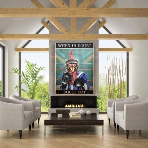When In Doubt, Box It Out, Funny Boxing Chicken Poster, Rooster Art Print, Boxing Ring Canvas for Home, Gym Decor