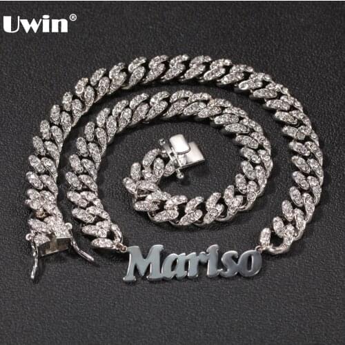 Uiwn Custom Name Necklace 12mm Crystal Cuban Chain with Stainless Steel Name Pendants Choker Necklace Hiphop Jewelry