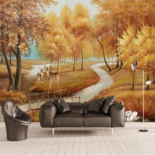Milofi large wallpaper mural European golden pastoral landscape oil painting elk swan background wall decorative painting