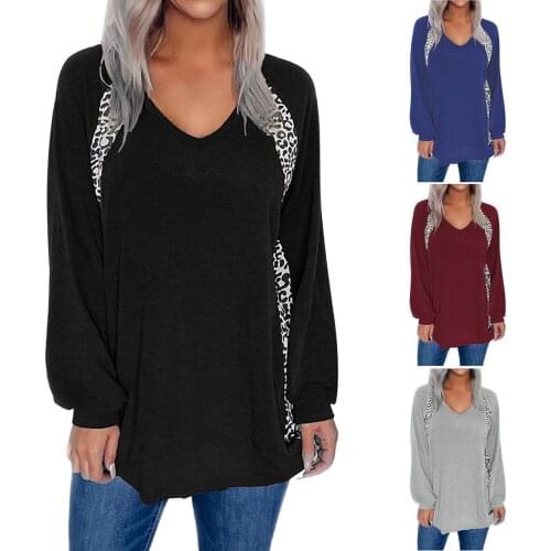2021 Womens New Leopard Print T-shirt Stitching V-neck Pullover Casual Long-sleeved T-shirt Comfy High Quality Fashion T-shirts