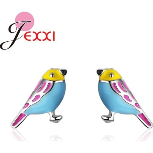 Novel Original Classic Colorful Sparkling Lively Animal Bird Girls Stud Earrings 925 Pure Silver Women Daughter Jewelry