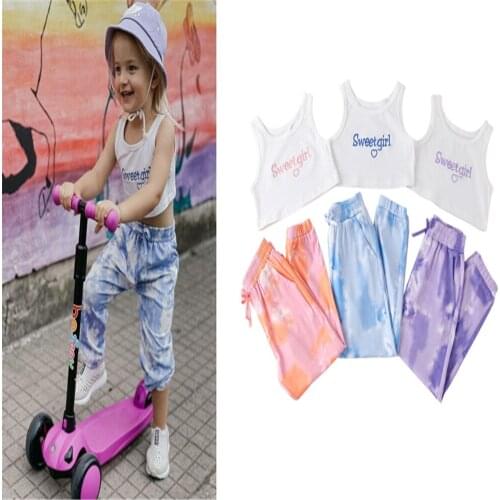 2-7 Years Summer Kids Girls Casual Two-Piece Childrens Sets Baby Toddler Sleeveless Letter Embroidery Camis Top + Tie-Dye Pants