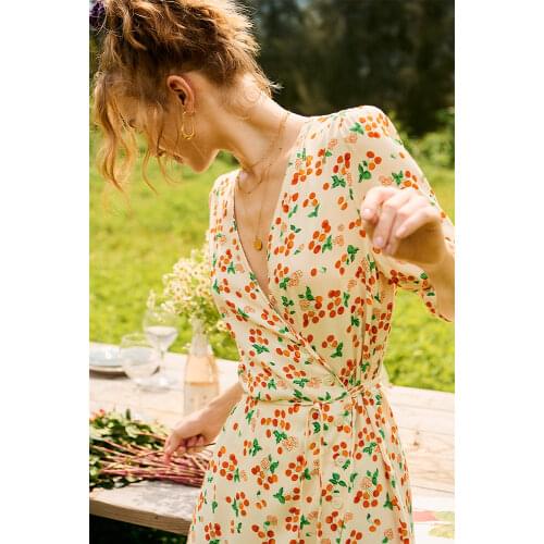 Cherry Print Women V-Neck Wrap Midi Dress 2021 Summer New Ladies Short Sleeve Waist Lace-Up Split Long Dresses for Holiday