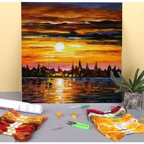 Sunset In Barcelona Printed Water-Soluble Canvas 11CT Cross-Stitch DIY Embroidery Complete Kit DMC Threads Jewelry