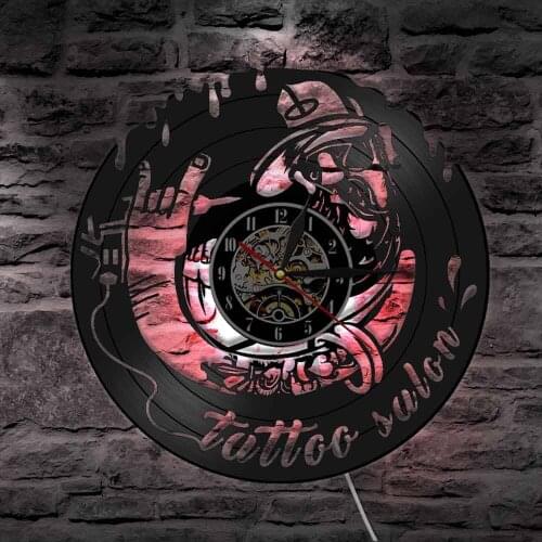 Retro Tattoo Artwork Tattoo Machine Tattoo Studio Decor Wall Hanging Clock Watch Tattoo Salon Design Vinyl Record Wall Clock