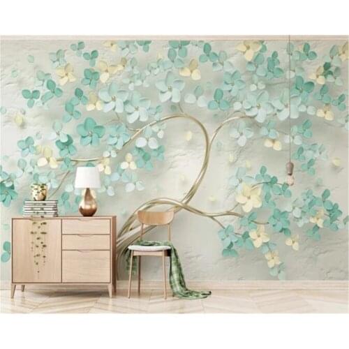 Custom Self Adhesive wallpaper small fresh mint green HD silk material flower relief background Wall home decoration 3d murals