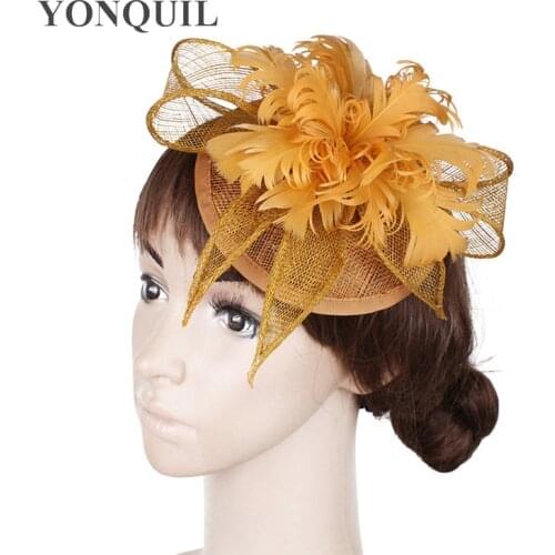 Gold Sinamay Hats Feather Flower Fascinators Hair Pin for Women Party Hats Bridal Wedding Hair Accessories Cocktail Hats XMF392