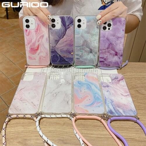 Gradient Marble Glitter Silicone Lanyard Strap Phone Case For iPhone 12 11 Pro XS Max X XR SE 2020 7 8 Plus Necklace Rope Cover