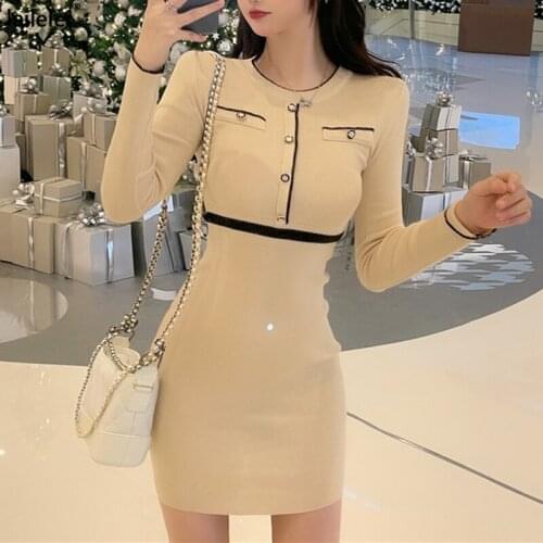 O-Neck Knitted Bodycon Dress Sexy Mini Long Sleeve Robe Vintage Elegant Korean Club Vestido Curto Fall 2021 Winter Kleider Damen
