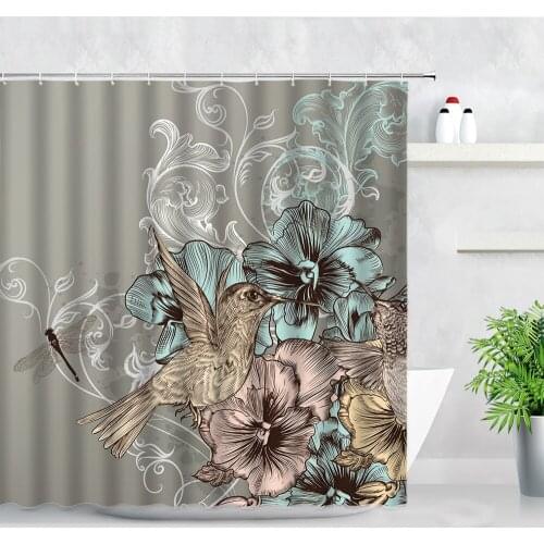 Retro Shower Curtains Flowers Birds Water Color Art Natural Scenery Gray Waterproof Fabric Bathroom Decor Hooks Bath Curtain Set