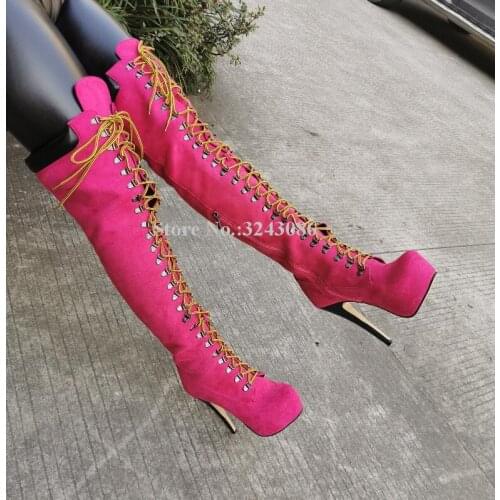 Fashion Rose Red Suede Lace-up Woman Long Boots Sexy Round Toe Stiletto Heel Platform Over the Knee Boots Lady Real Photos Boots