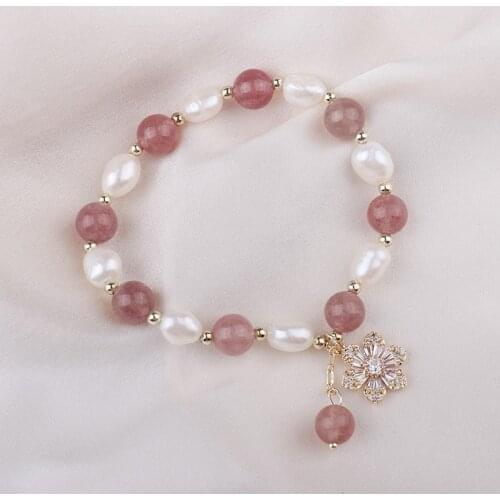 Pure Natural Strawberry Crystal Freshwater Baroque Pearl Zircon Flower Bracelet Female Jewelry
