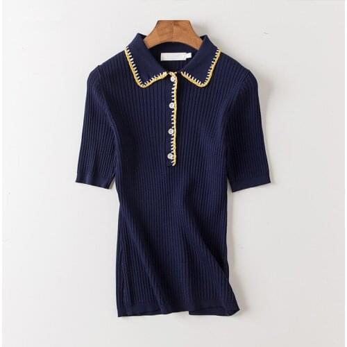 Cotton blend thin knit women fashion turn-down collar pullover short sleeve solid color S/M/L