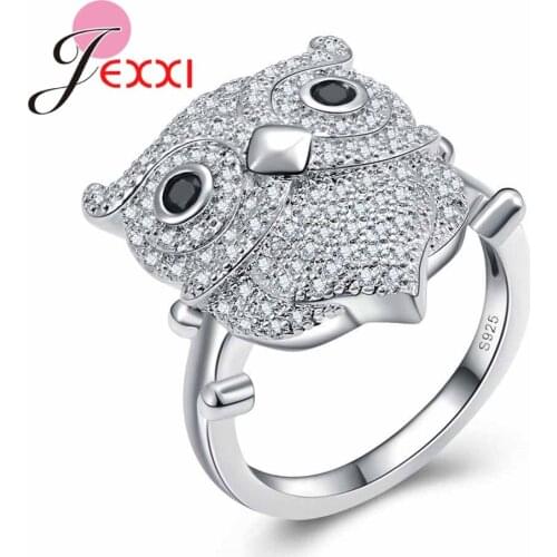 Cute Owl Ring Micro Inlay Full Clear CZ Zircon Stone Fashion 925 Sterling Silver Crystal Rings for Women Wholesale Bijoux