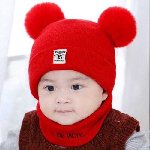 0-2 Years Baby Winter Hat Set Boys Girls Warm Pom Pom Hat And Scarf Newborn Toddler Knitted Wool Beanie Fur With Pompom KF962