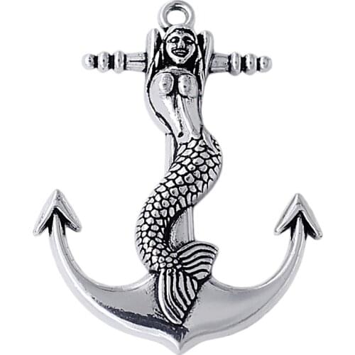 Antique Silver Plated Zinc Alloy Eco Friendly Crafts Cute Beautiful Mermaid Anchor Nautical Charms For Necklace Pendants
