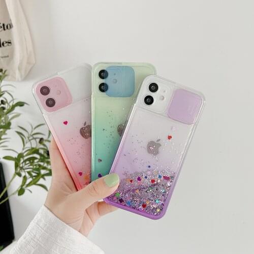 Cute Gradient Glitter Liquid Quicksand Phone Case for iPhone 12 11 Pro Max 7 8 Plus XR XS X Push Window Camera Protection Cover