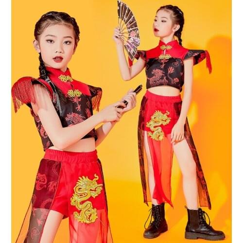 Children Stage Costumes Chinese Style Red Clothing For Girls Jazz Dance Performance Hip Hop Cheerlead Dancing Clothes DNV14769