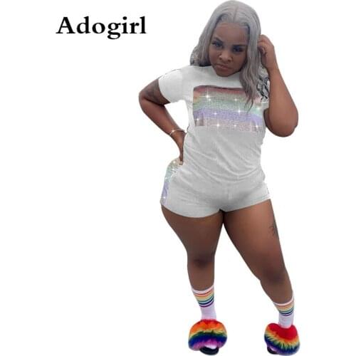 Adogirl Colorful Rhinestones Striped T-shirt Pockets Shorts Suit Sportwear Tracksuit Casual Outfits Elastic Waist Short Pants