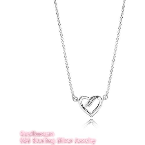 Valentines Day Authentic 925 Sterling Silver Ribbons of Love, Clear CZ Of Logo Jewelry Necklace For Fashion Women