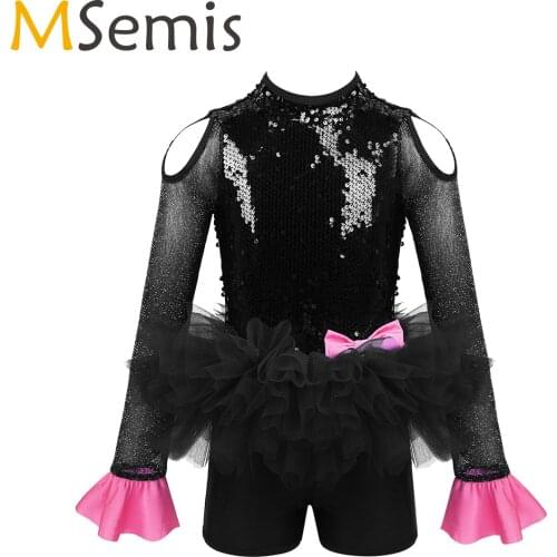 MSemis Ballet Leotard Gymnastics Clothes Kids Girls Shiny Sequins Tulle Tutu Skirt Cutout Lyrical Contemporary Dance Costumes