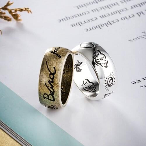 Trendy Retro Couple Rings Heart Eye Birds Flowers Letter Ring for Women Men Engraved Blind for Love Valentines Day Gift