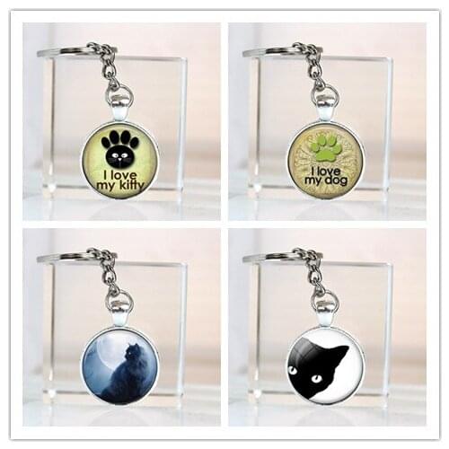 New Round Pendant Tray For Pet Friend Gift Car Keychain Lovers Keyring Glass Vintage Kitten Jewelry Black Cat Bag Key Chain