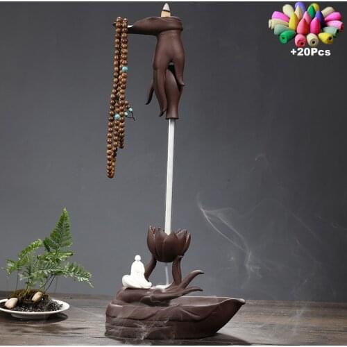 +Gift Purple Clay Backflow Incense Burner Zen Monk Buddha Hand Lotus Sandalwood Furnace Aromatherapy Censer Creative Ornaments