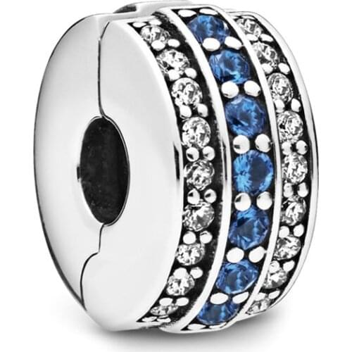 Authentic 925 Sterling Silver Bead Blue Clear Pave Clip Charm Fit Original Women Pan Bracelet Bangle Gift Diy Jewelry