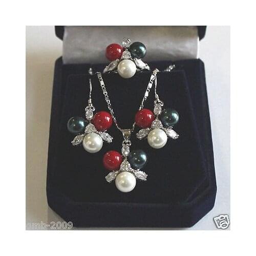 Hot selling *****8mm Black White Red South Sea Shell Pearl Crystal Earrings Pendant Ring A Set