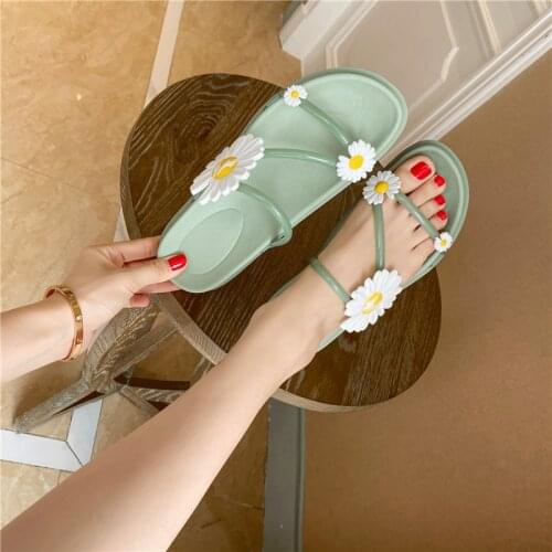 Summer New Slides Small Daisies Thick Bottom Drag Outer Wear Non-Slip Leisure Beach Shoes Large Size Low (1cm-3cm) Solid Slipper