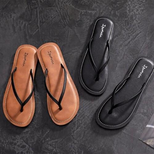 Leather Flip Flops Womens Summer Fashion Wear Non-slip Beach Sandals New Beach Simple Tide Brand Slippers