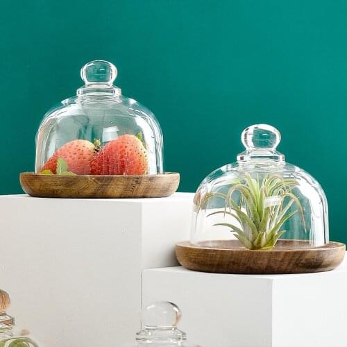 Acacia Solid Wood Cake Plate Dessert Table Glass Cover Wooden Tray Afternoon Tea Snack Stand Set Cake Stand Wedding Set Plate