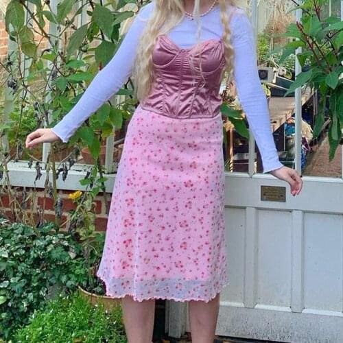 Y2K Floral Print Pink High Waist Midi Skirt Patchwork Mesh A Line Short Skirts 90s Aesthetic Womens Summer Kawaii Streetwear